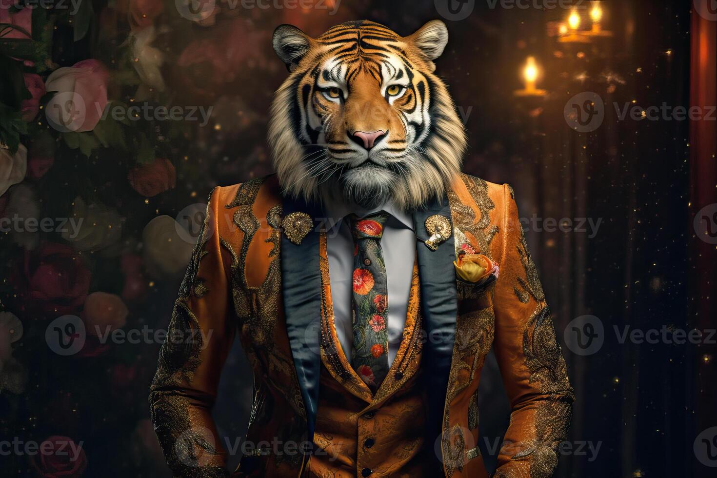 ai gegenereerd tijger gekleed in een elegant modern pak met een mooi hoor binden. mode portret van een antropomorf foto