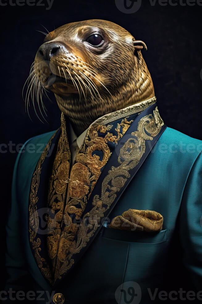 ai gegenereerd walrus gekleed in een elegant modern pak met een mooi hoor binden. mode portret van een antropomorf foto