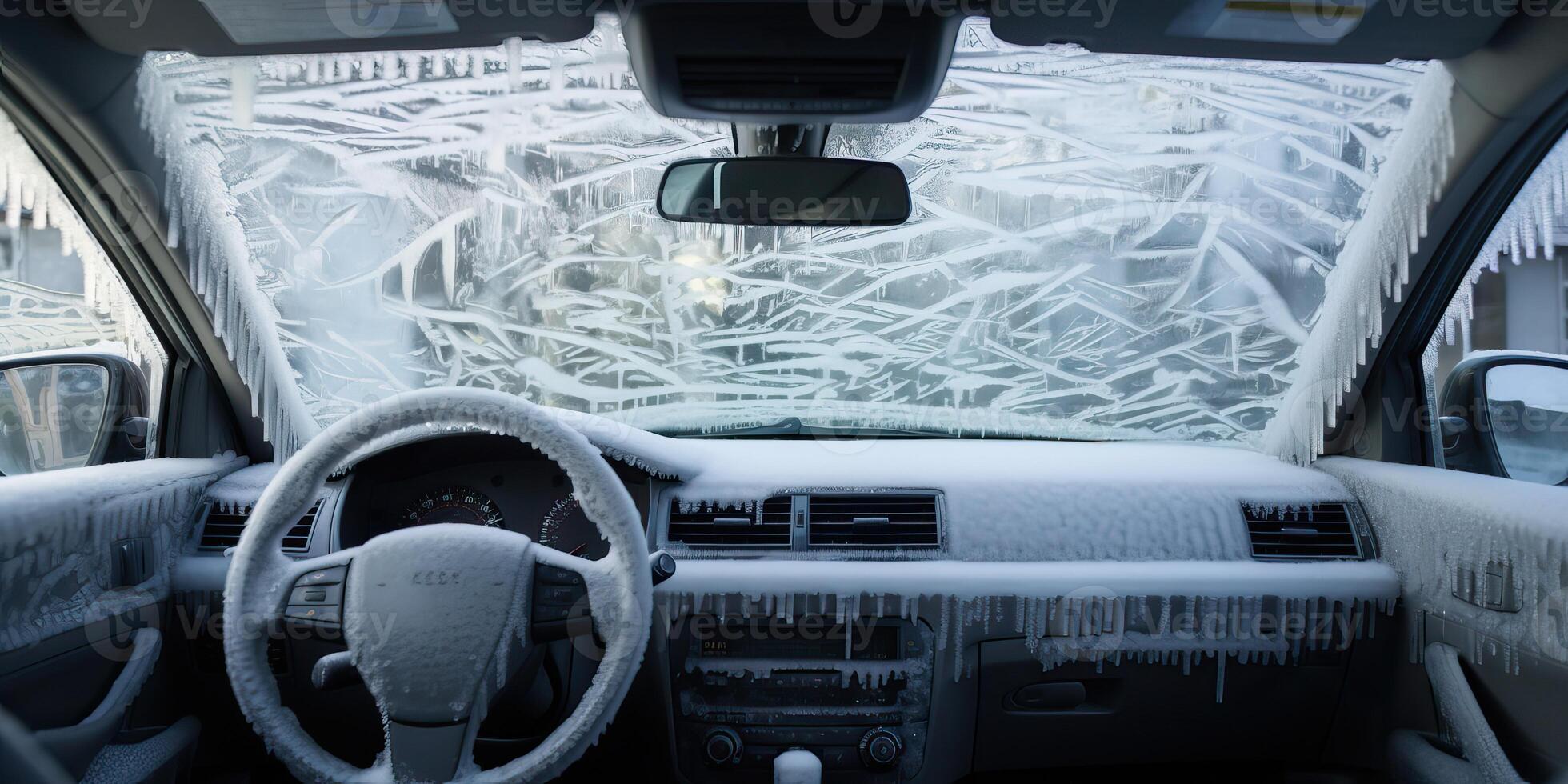 ai gegenereerd bevroren voorruit wisser. concept van gevaarlijk het rijden gedurende de winter seizoen, bevriezing regen ijs foto