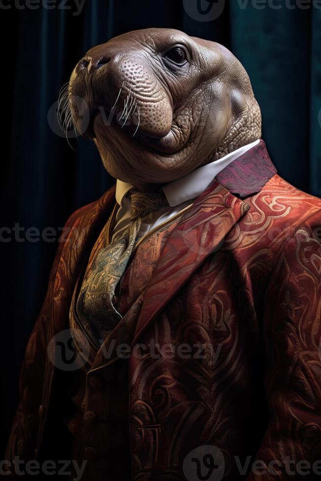 ai gegenereerd walrus gekleed in een elegant modern pak met een mooi hoor binden. mode portret van een antropomorf foto