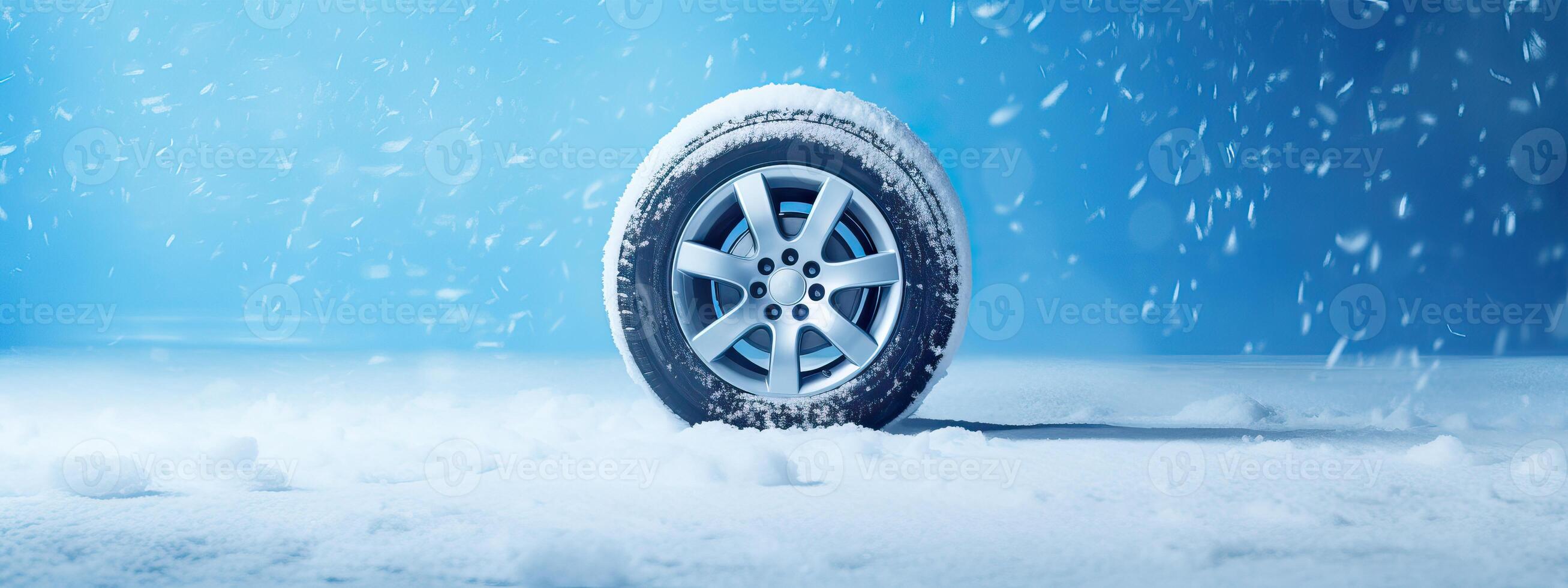 ai gegenereerd merk nieuw winter auto banden tentoongesteld tegen een besneeuwd blauw achtergrond, winter banden klaar voor winter foto
