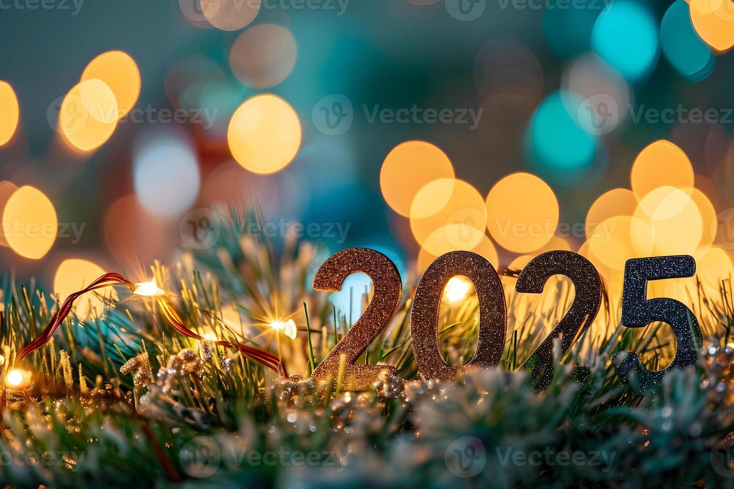 ai gegenereerd cijfers 2025 omringd met Kerstmis decoraties voor nieuw jaar viering foto