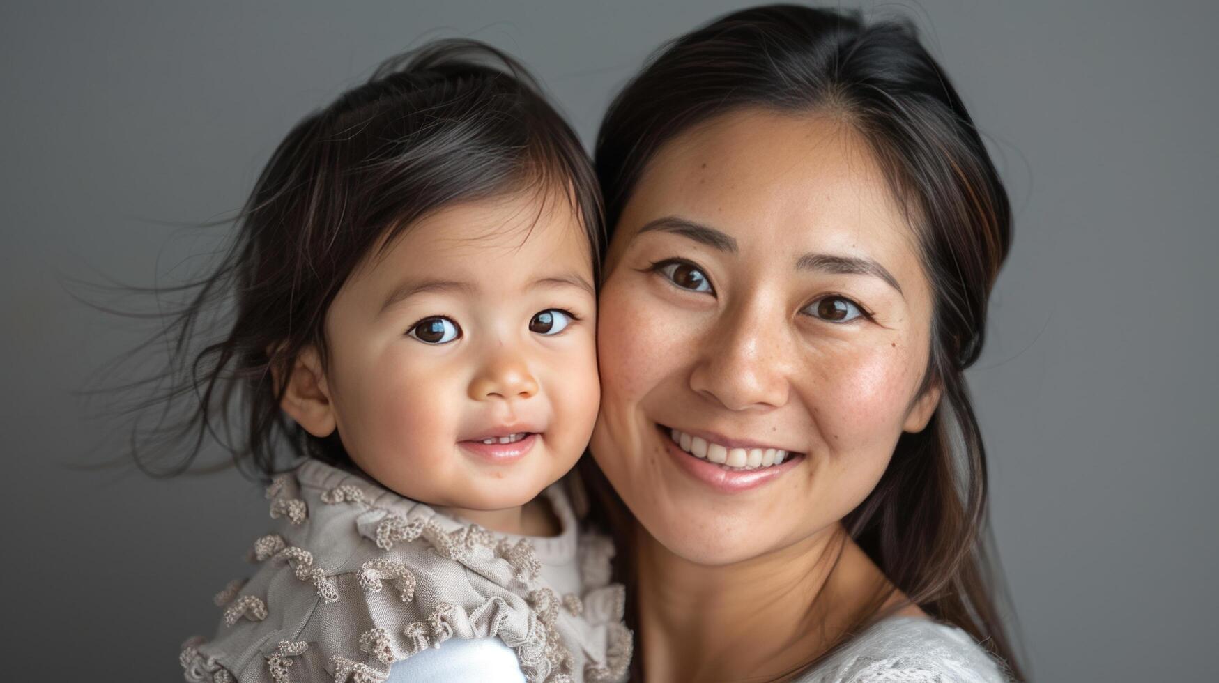 ai gegenereerd een blij Aziatisch kleuter dochter omarmt haar gelukkig moeder in een grijs instelling foto