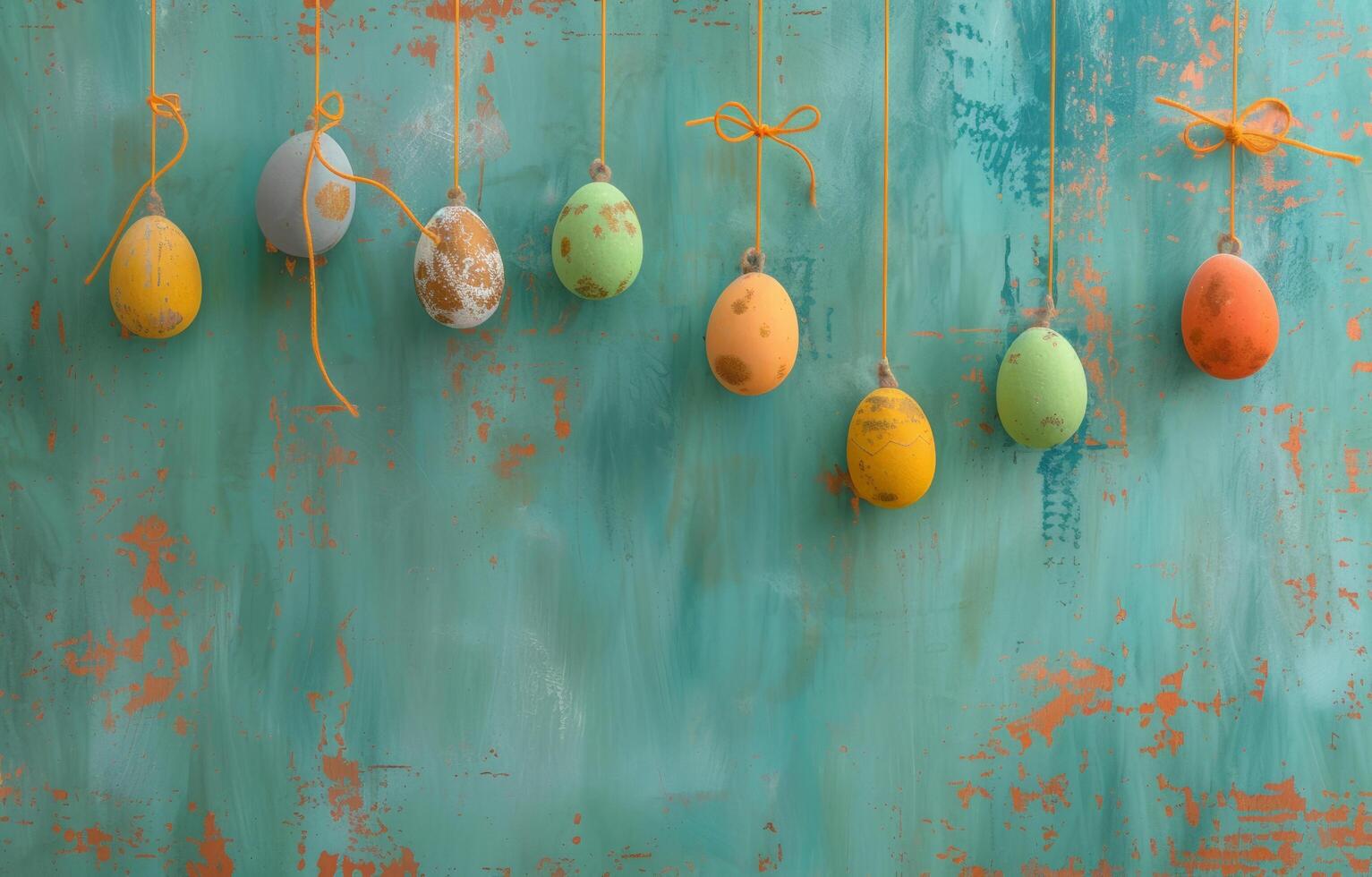 ai gegenereerd Pasen kaarten met hangende eieren Aan een blauw muur foto