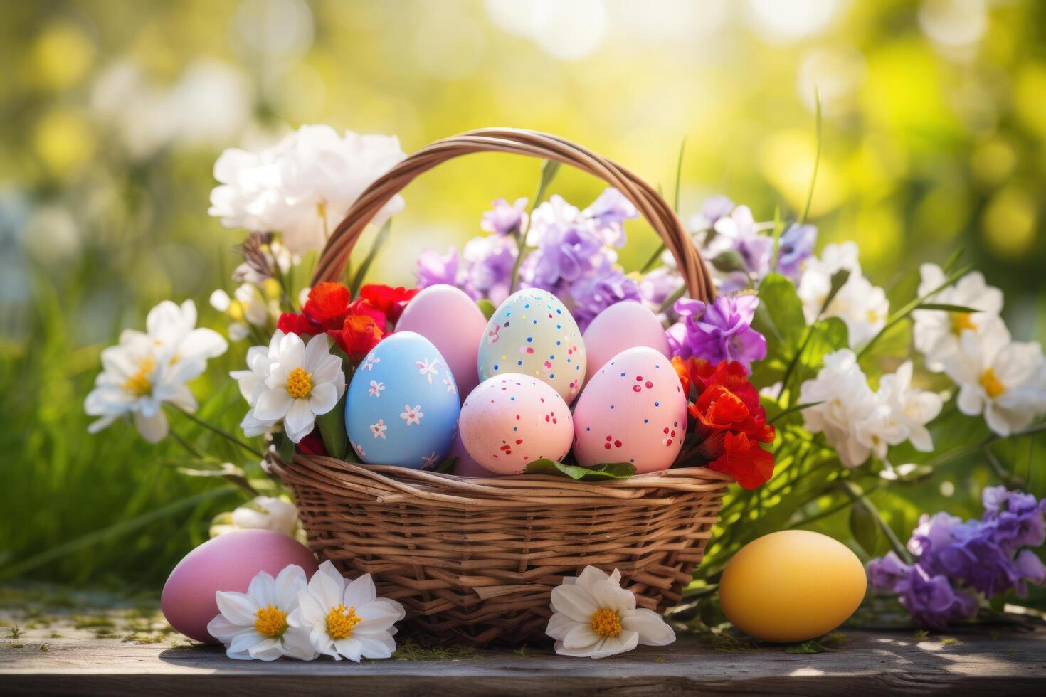 ai gegenereerd een boeiend afbeelding van een Pasen mand overlopend met kleurrijk eieren foto
