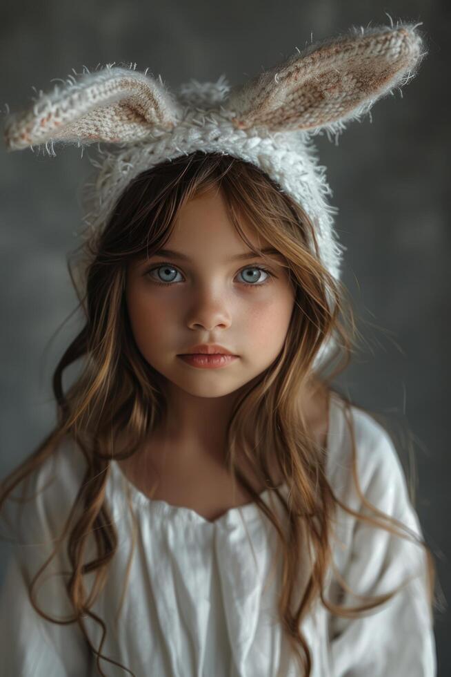 ai gegenereerd een mooi meisje in konijn oren met groot ogen Aan een grijs achtergrond, klaar naar vieren Pasen foto
