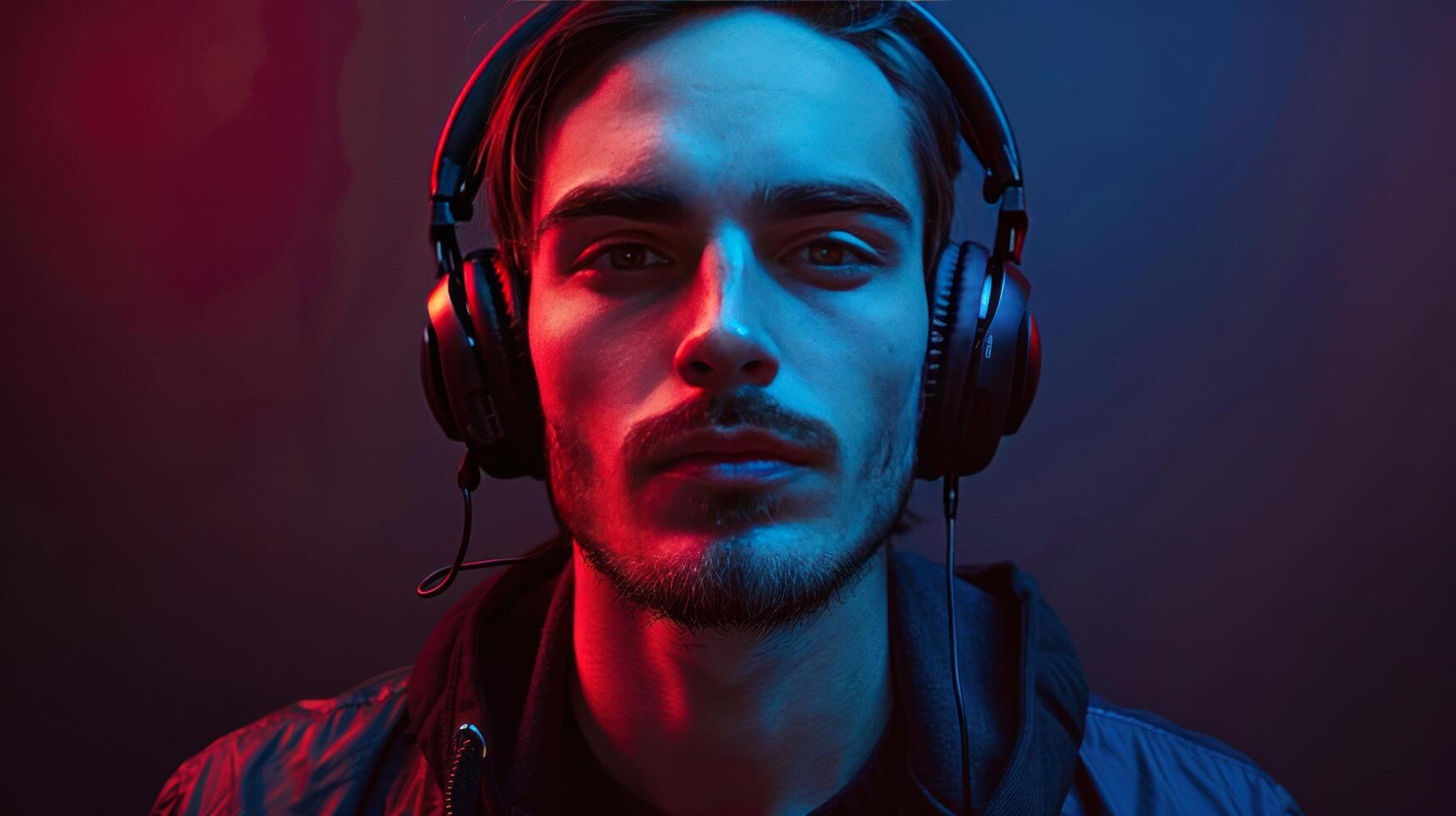 ai gegenereerd knap jong dj in hoofdtelefoons staat Aan een donker neon minimalistisch achtergrond en looks Bij de camera foto