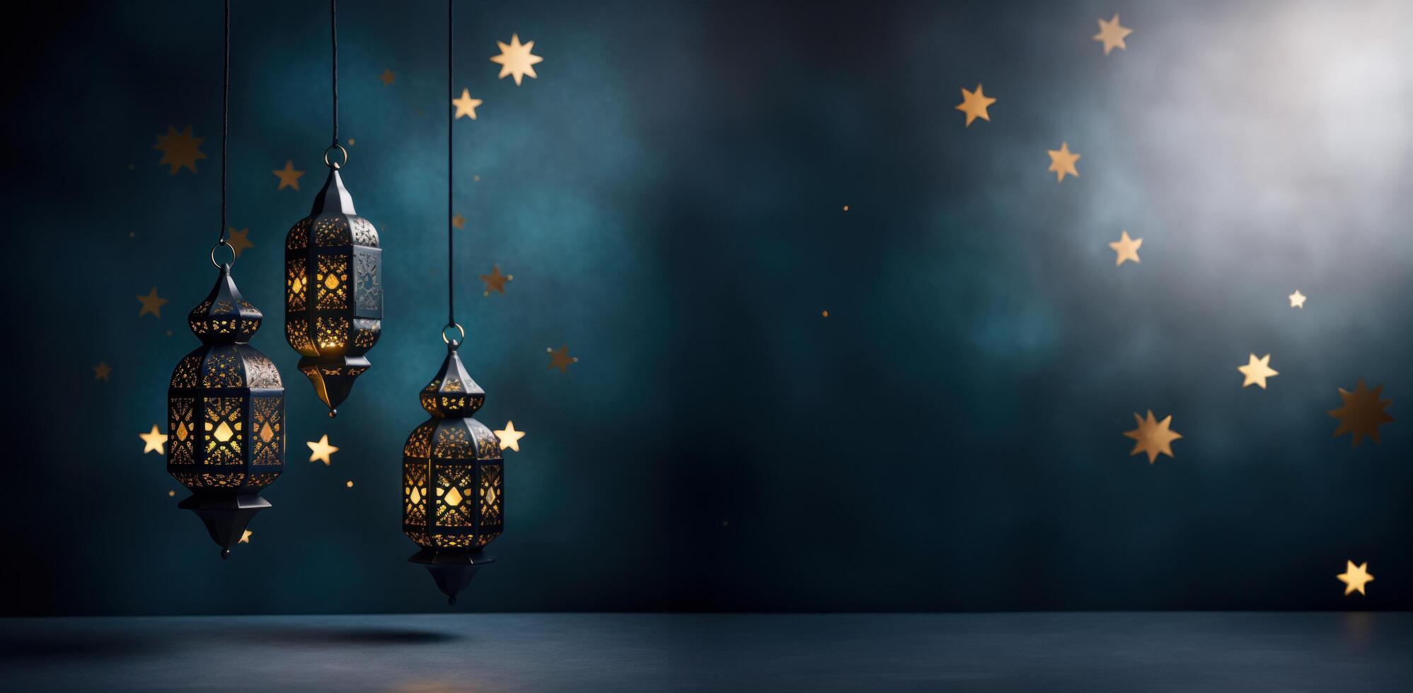 ai gegenereerd drie Ramadan lantaarns hangende Aan een blauw achtergrond foto