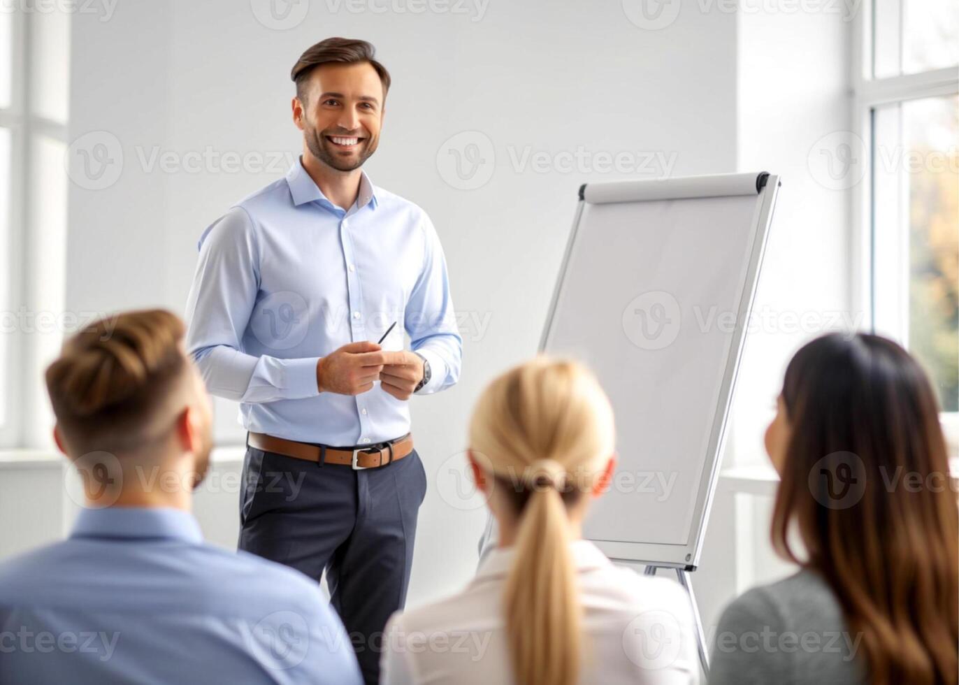 ai gegenereerd mannetje trainer of presentator maken omdraaien tabel presentatie vragen vraag gedurende werk opleiding foto