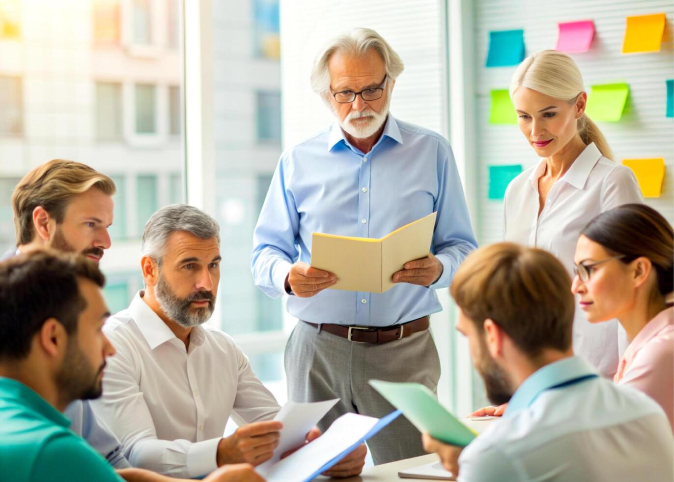 ai gegenereerd senior mentor, zakelijke leraar opleiding. bedrijf trainer foto