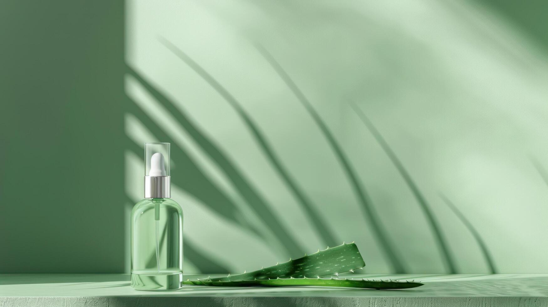 ai gegenereerd een transparant mooi fles van gezicht serum zonder een merk staat Aan een licht groen minimalistisch achtergrond foto