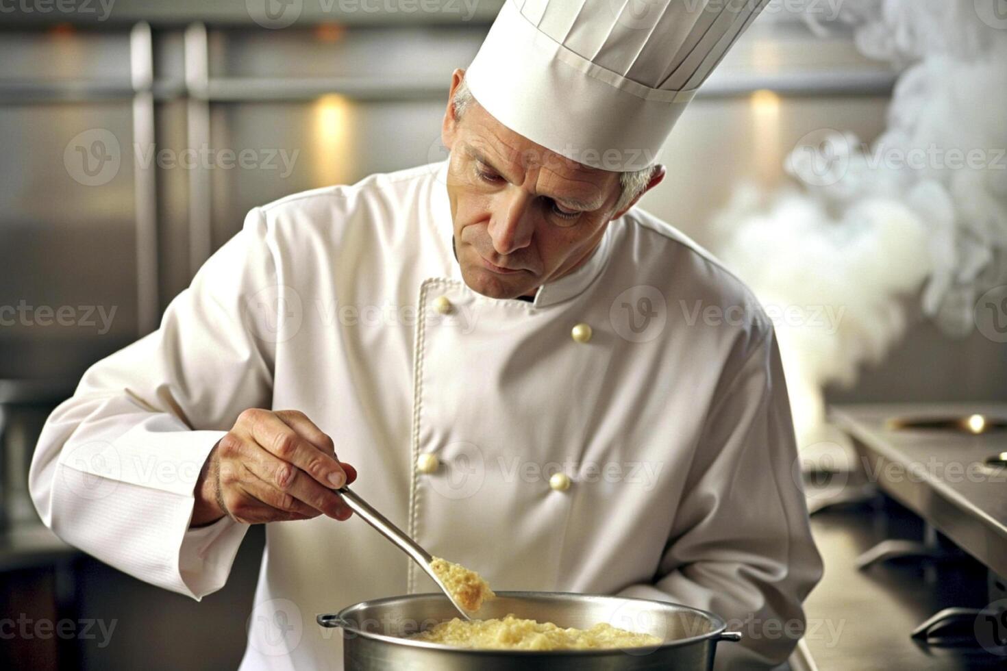 ai gegenereerd chef in hotel of restaurant keuken Koken, enkel en alleen handen, hij is werken Aan de saus foto