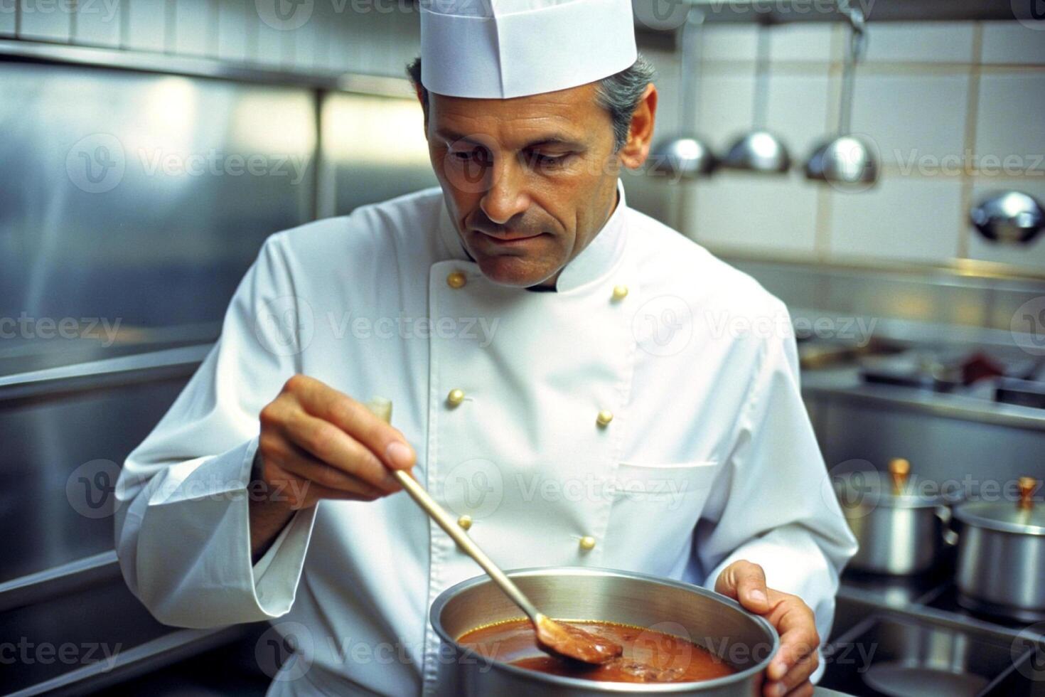 ai gegenereerd chef in hotel of restaurant keuken Koken, enkel en alleen handen, hij is werken Aan de saus foto