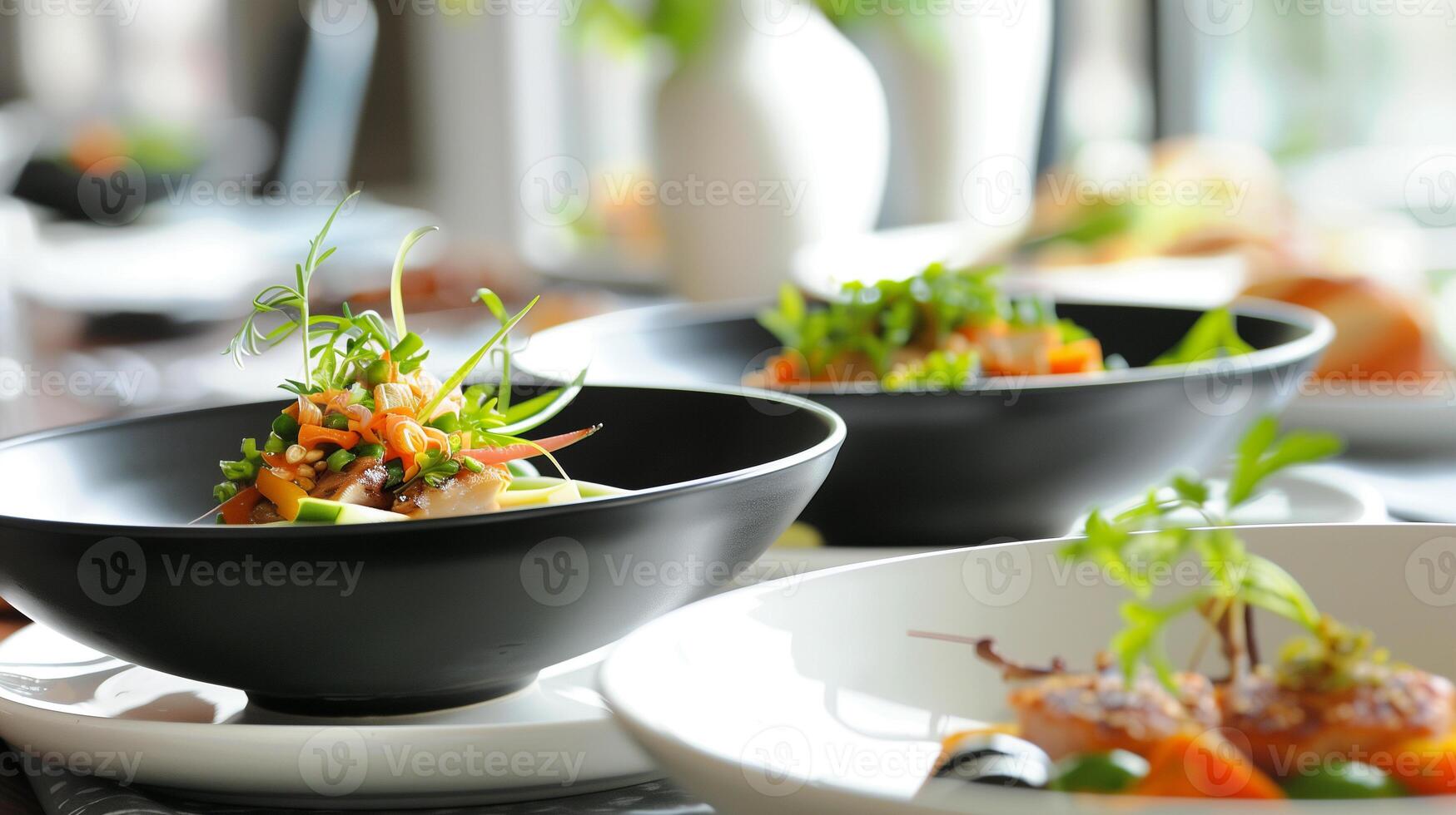 ai gegenereerd een elegant presentatie van een vegetarisch fijnproever gerecht, kunstzinnig geplateerd met een focus Aan vers ingrediënten en levendig kleuren, in een modern dining instelling. foto