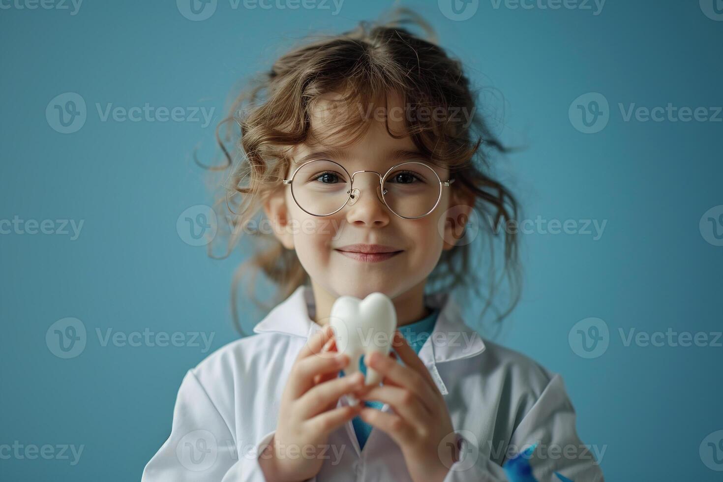 ai gegenereerd weinig Kaukasisch schattig golvend haren meisje in een dokter jas en bril met een groot plastic tand Aan een blauw achtergrond foto