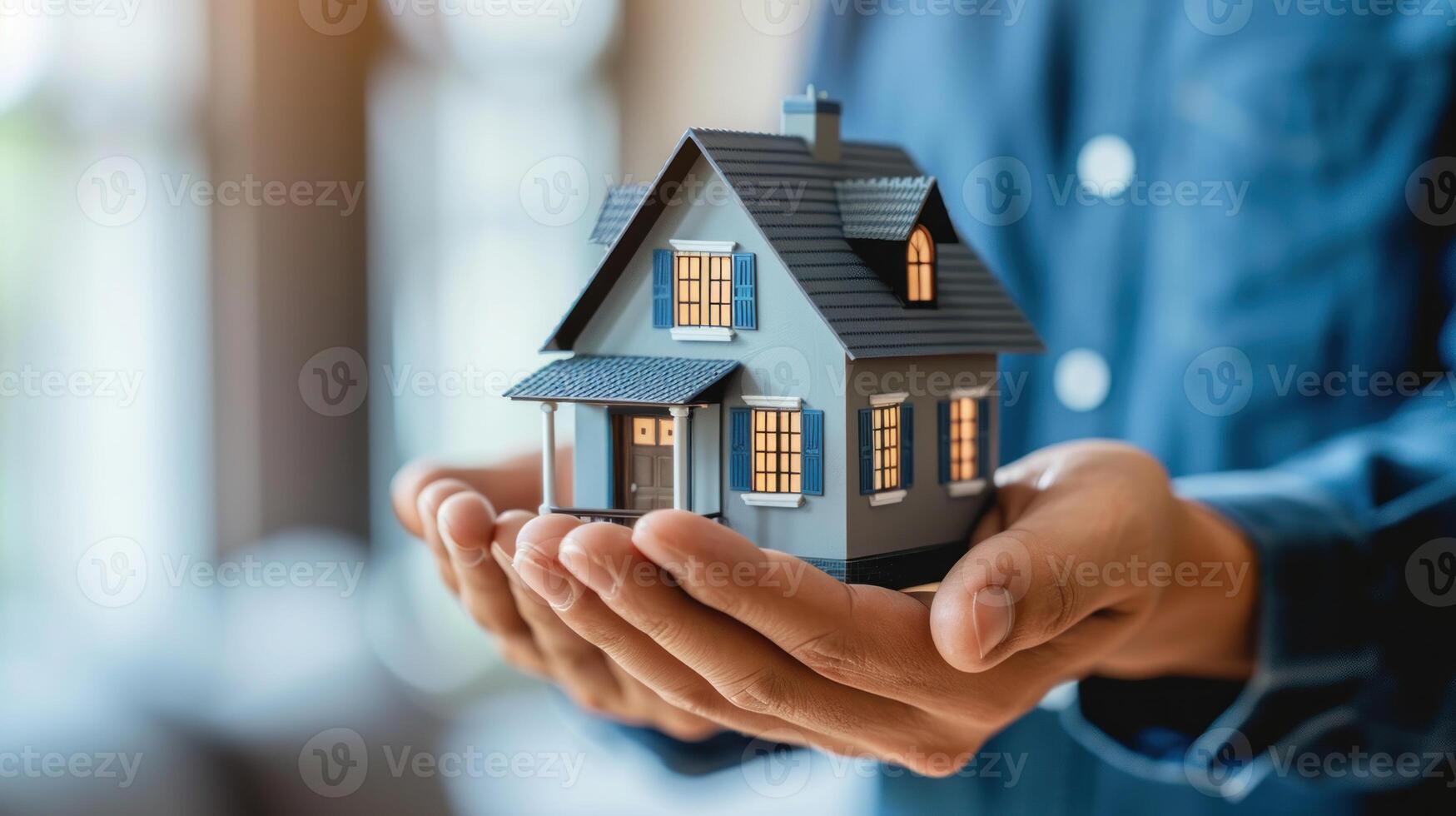 ai gegenereerd een Mens Holding een huis model- in zijn handen foto