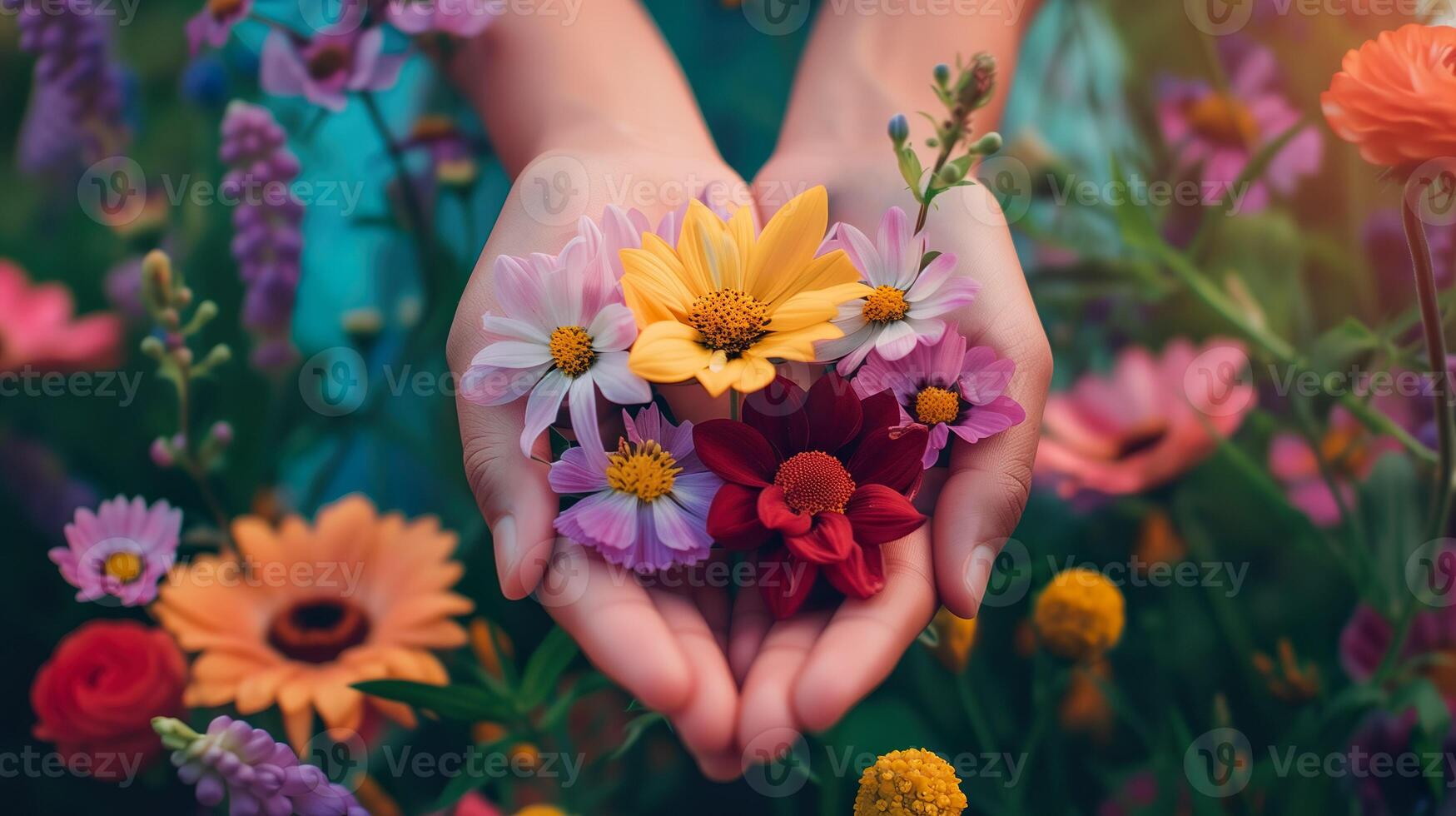 ai gegenereerd vrouw handen Holding een levendig mengen van zomer bloemen in een weelderig tuin, geel bloeit, roze madeliefjes achtergrond foto