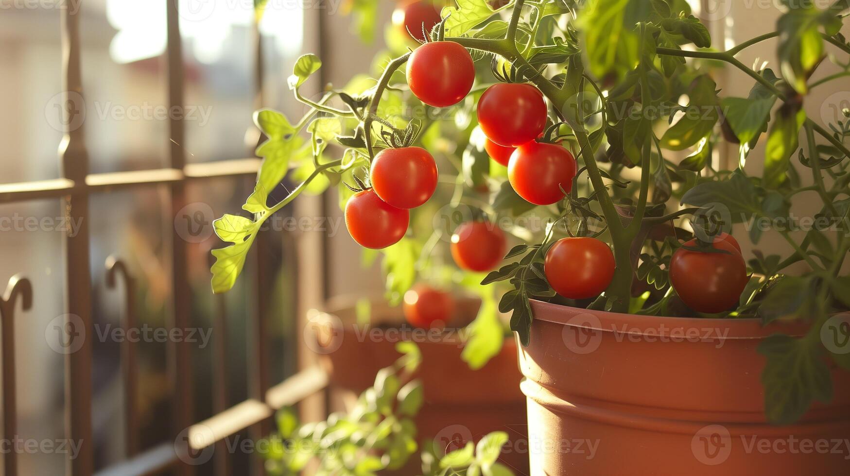 ai gegenereerd rijp tomaten in terracotta bruin potten Aan een zonnig balkon. groeit groenten in klein of stedelijk ruimten concept. foto