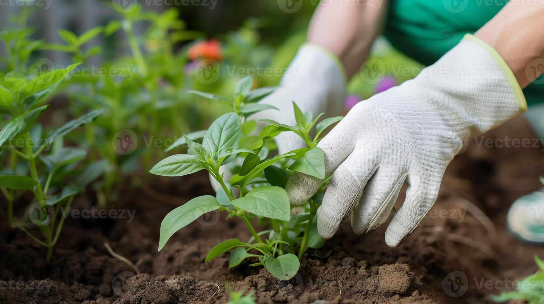 ai gegenereerd een persoon in wit handschoenen aanplant of zorgzaam voor jong groen planten. tuinieren tips, fabriek zorg, milieu behoud achtergrond. foto