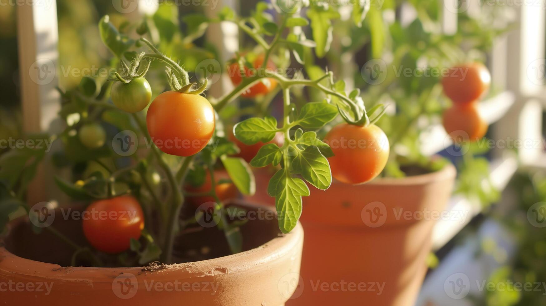 ai gegenereerd rijp tomaten in terracotta potten. balkon, huis tuin. tuinieren, planten, van eigen bodem concept foto