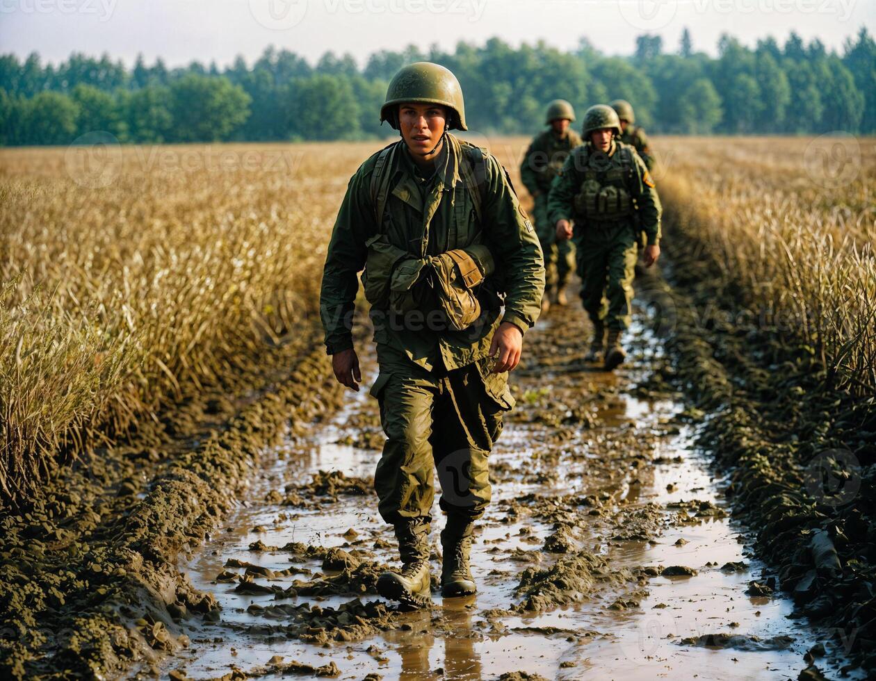 ai gegenereerd foto van intens soldaat Mens in leger kleding en helm in echt gevaarlijk oorlog wandelen Aan veld, generatief ai