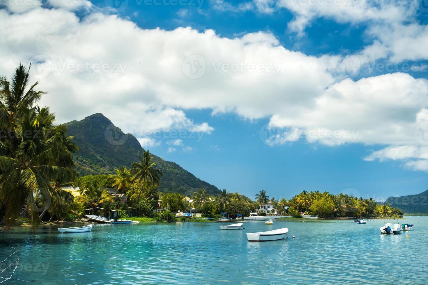 visie van de berg in le Morne brabant en de baai met boten Aan de eiland van Mauritius in de Indisch oceaan foto