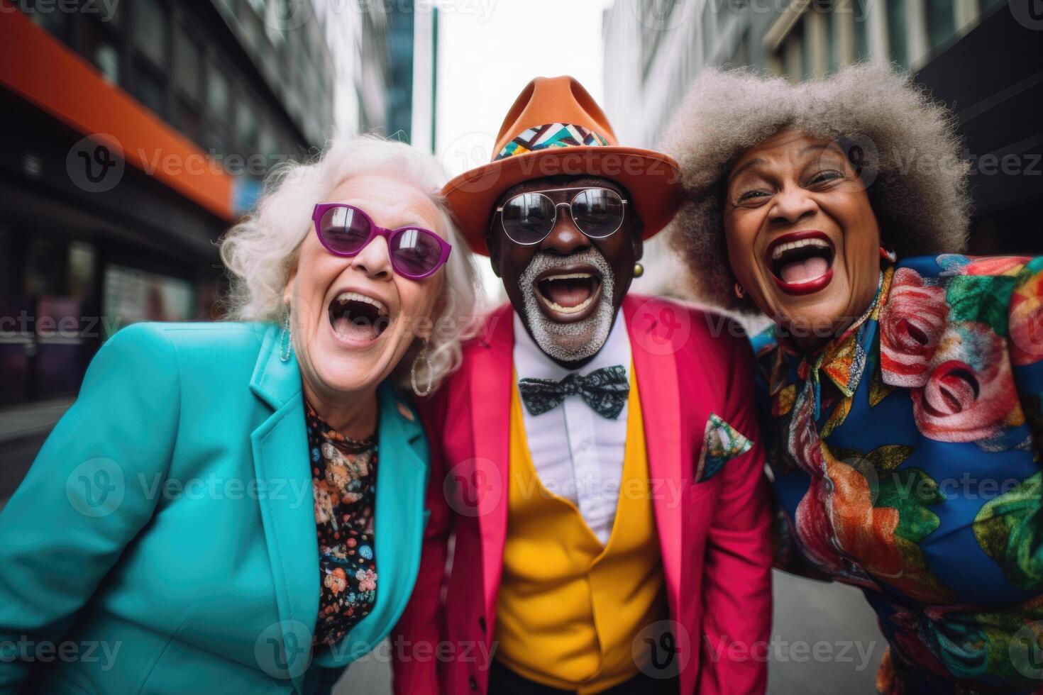 ai gegenereerd drie emotioneel ouderen vrienden lachend gelukkig, knuffelen elk ander, Aan een single stad straat foto