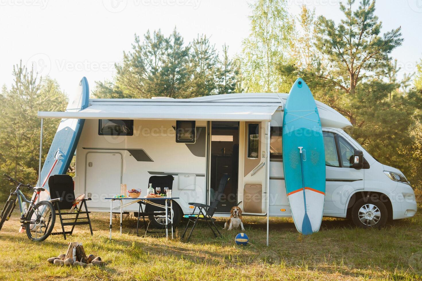 een hond in de buurt een camper in de bossen , resting in een busje foto