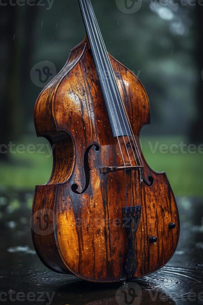 ai gegenereerd een dubbele bas reeks schuin in verwachting van gebruik Bij een klassiek muziek- concert. de dubbele bas is in de kamer foto