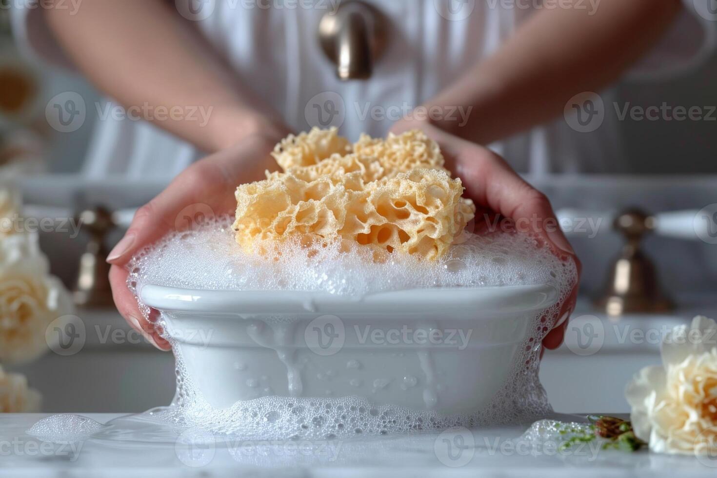 ai gegenereerd een zee spons in schuim in de badkamer voor het wassen foto