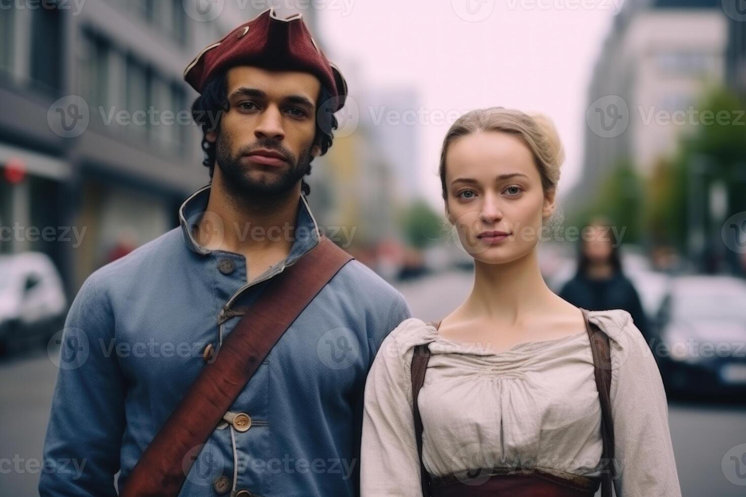 ai gegenereerd portret van een Mens en een vrouw patriotten van hun land tegen de achtergrond van een stad straat foto