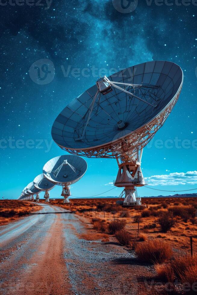 ai gegenereerd een veld- met groot satelliet antennes. de concept van communicatie met ruimte foto