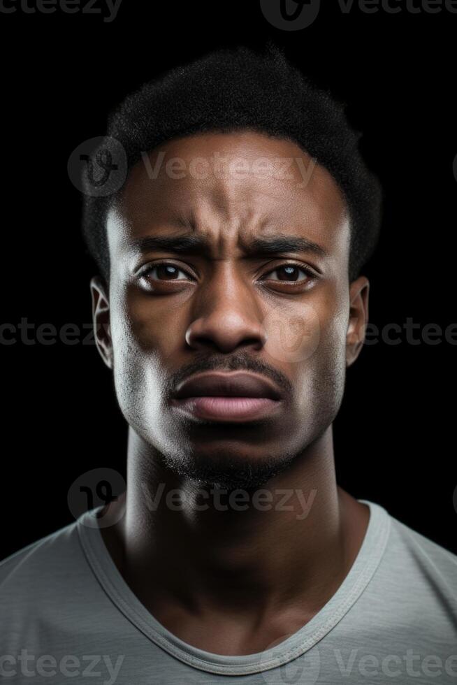 ai gegenereerd portret van een echt Mens van de Afrikaanse ras Aan een zwart achtergrond foto