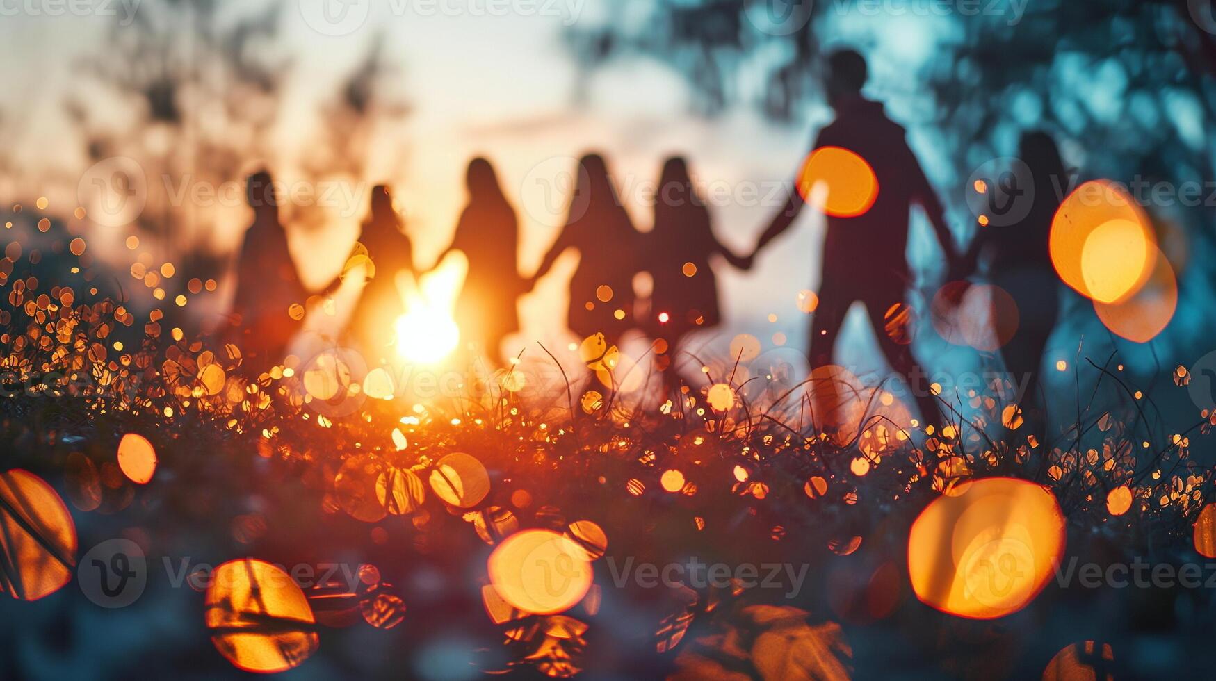 ai gegenereerd zakelijke evenement in natuur. coöperatie team werk presentatie van een Verenigde groep van mensen werken samen harmonieus tegen een dynamisch en wazig achtergrond foto