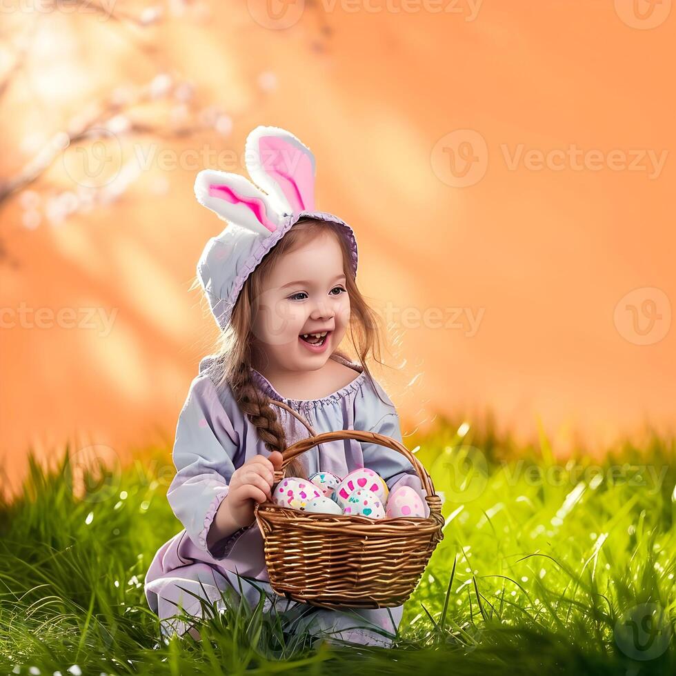 ai gegenereerd weinig meisje met Pasen konijn oren poseren Holding een mand met feestelijk Pasen eieren foto