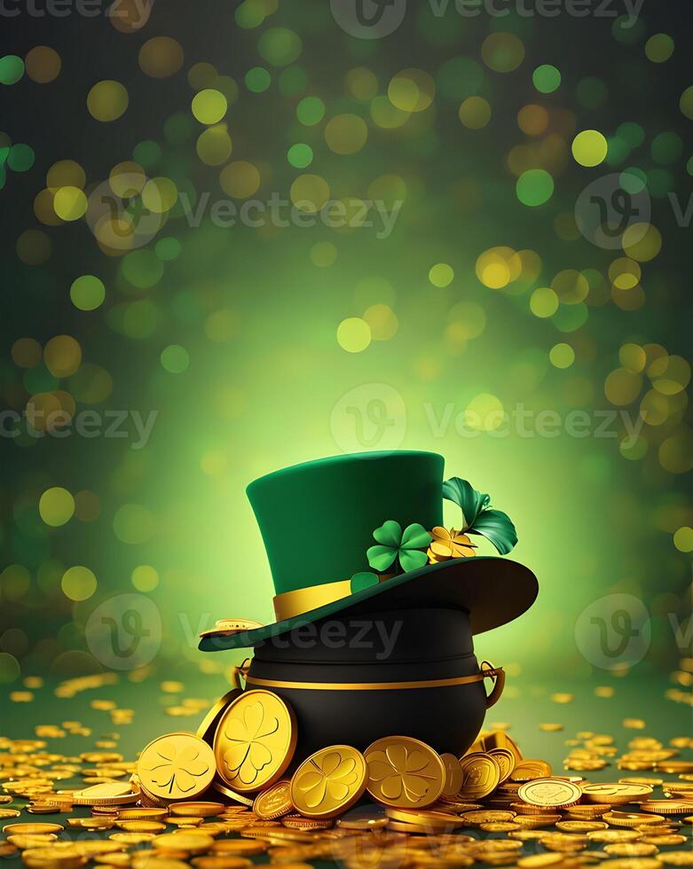 ai gegenereerd klaver hoed goud geluk elf van Ierse folklore Iers vieren st patricks dag heilige Ierland groen achtergrond foto