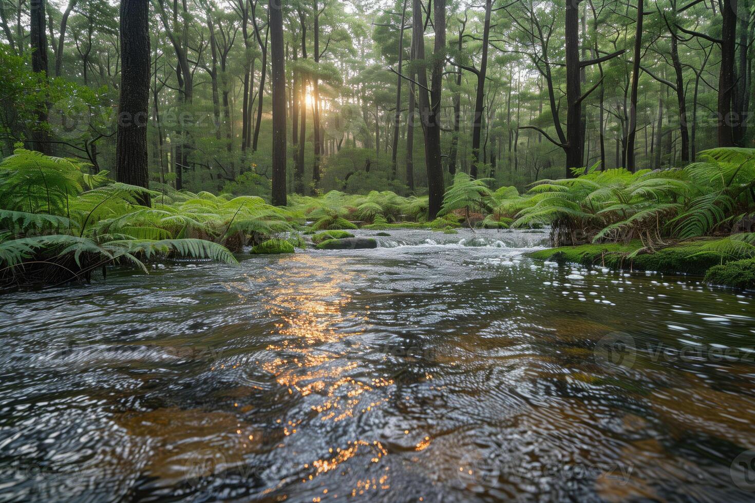 ai gegenereerd berg rivier- in de Woud Bij zonsondergang. mooi natuurlijk landschap foto