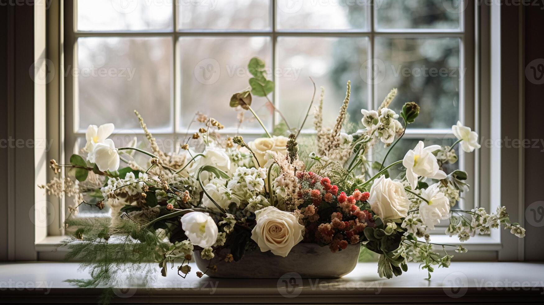 ai gegenereerd bloemen arrangement met winter, herfst of vroeg voorjaar botanisch planten en bloemen foto