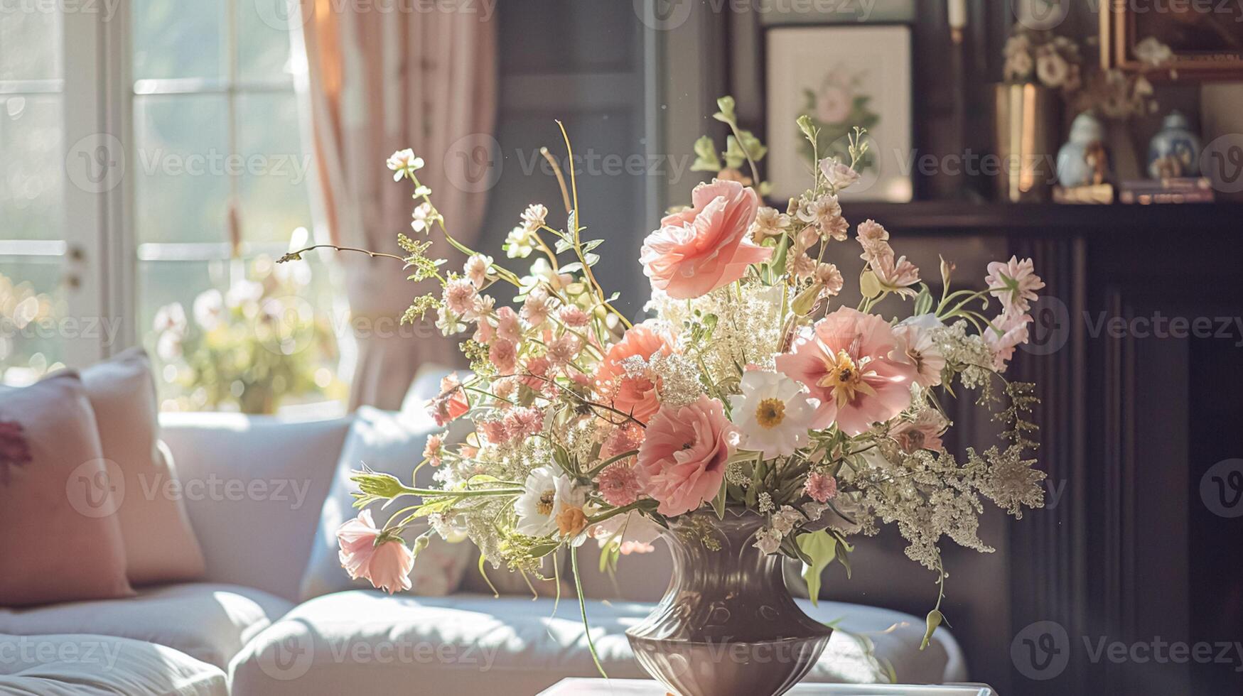 ai gegenereerd voorjaar bloemen in wijnoogst vaas, mooi bloemen regeling, huis decor, bruiloft en bloemist ontwerp foto