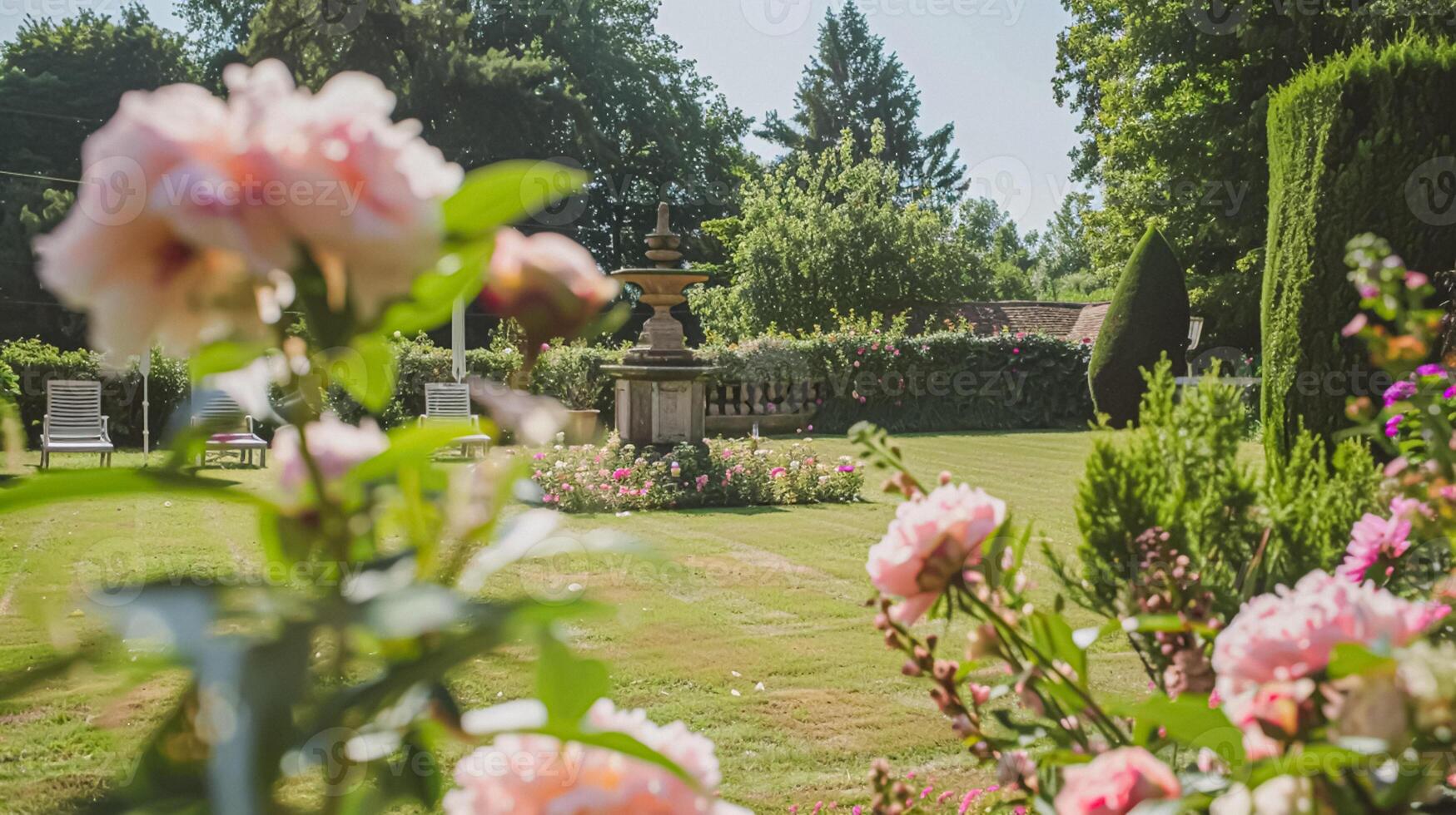 ai gegenereerd bruiloft decoratie met pioenrozen, bloemen decor en evenement viering, pioen bloemen en bruiloft ceremonie in de tuin, Engels land stijl foto