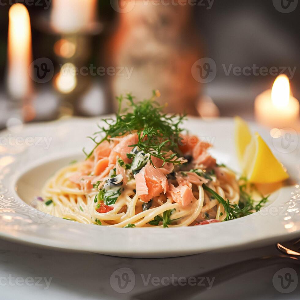 ai gegenereerd pasta met gerookt Zalm en room, eigengemaakt keuken en traditioneel voedsel, land leven foto