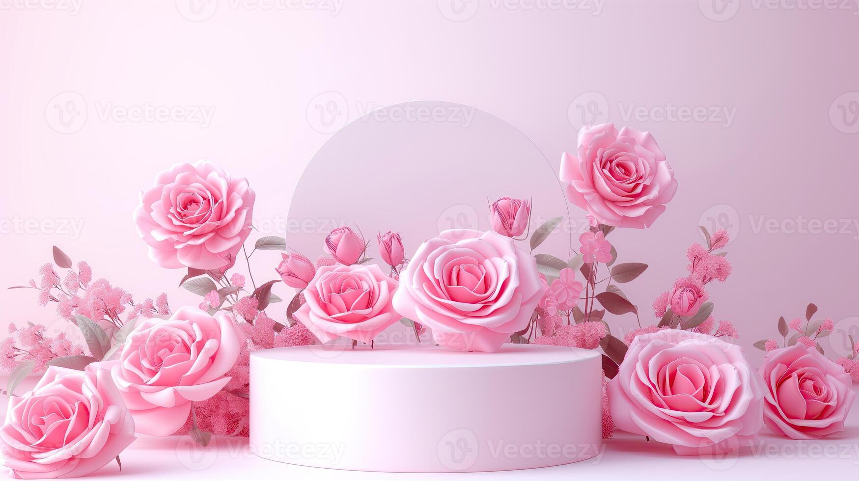 ai gegenereerd een Product Scherm podium stadium met een roze achtergrond versierd met roze bloemen foto