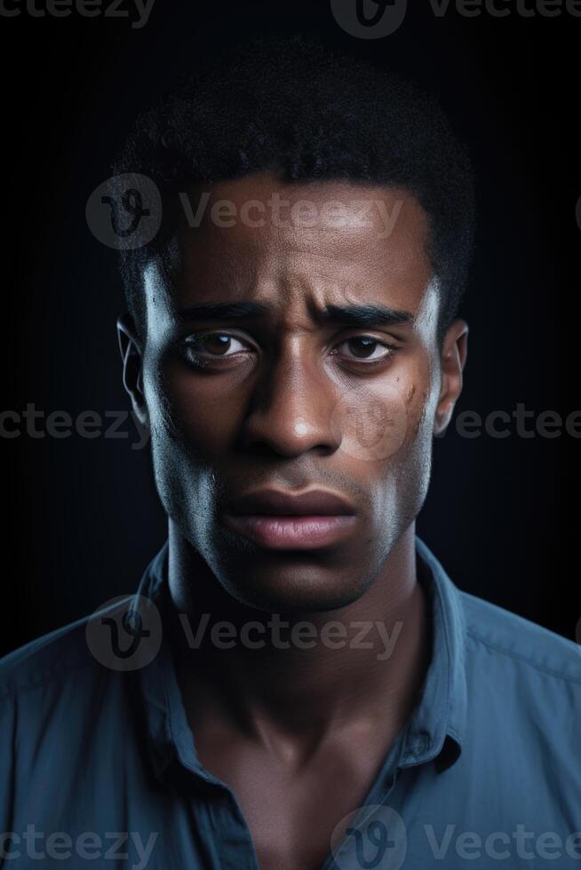 ai gegenereerd portret van een echt Mens van de Afrikaanse ras Aan een zwart achtergrond foto