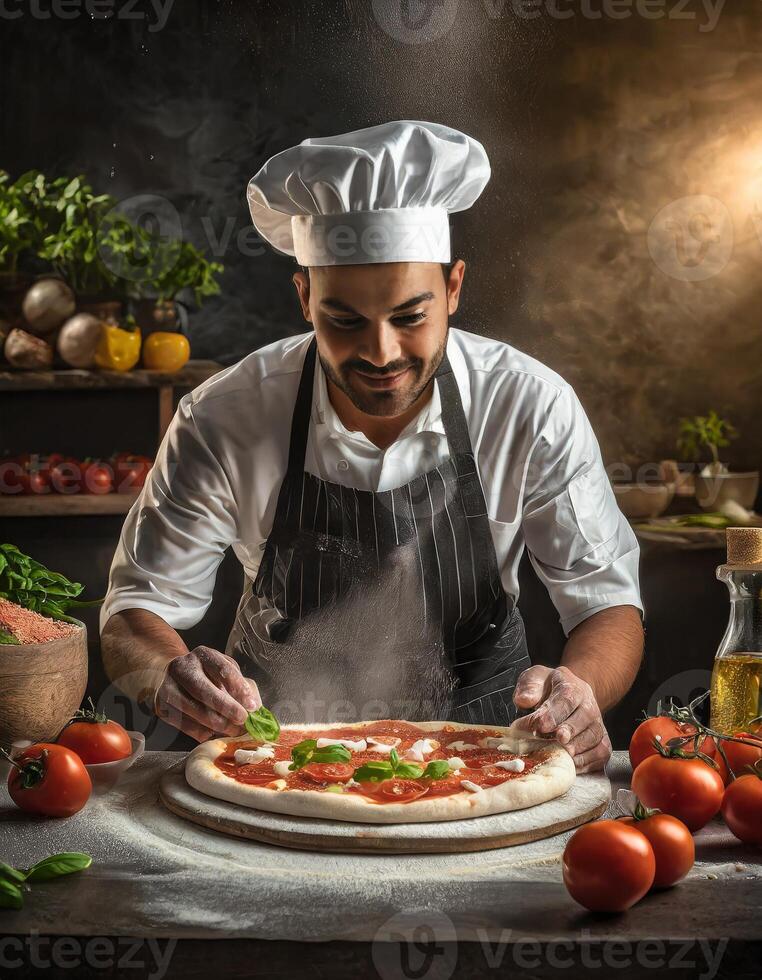 ai gegenereerd koken toevoegen groenten naar rustiek pizza in een vaag lit keuken. foto