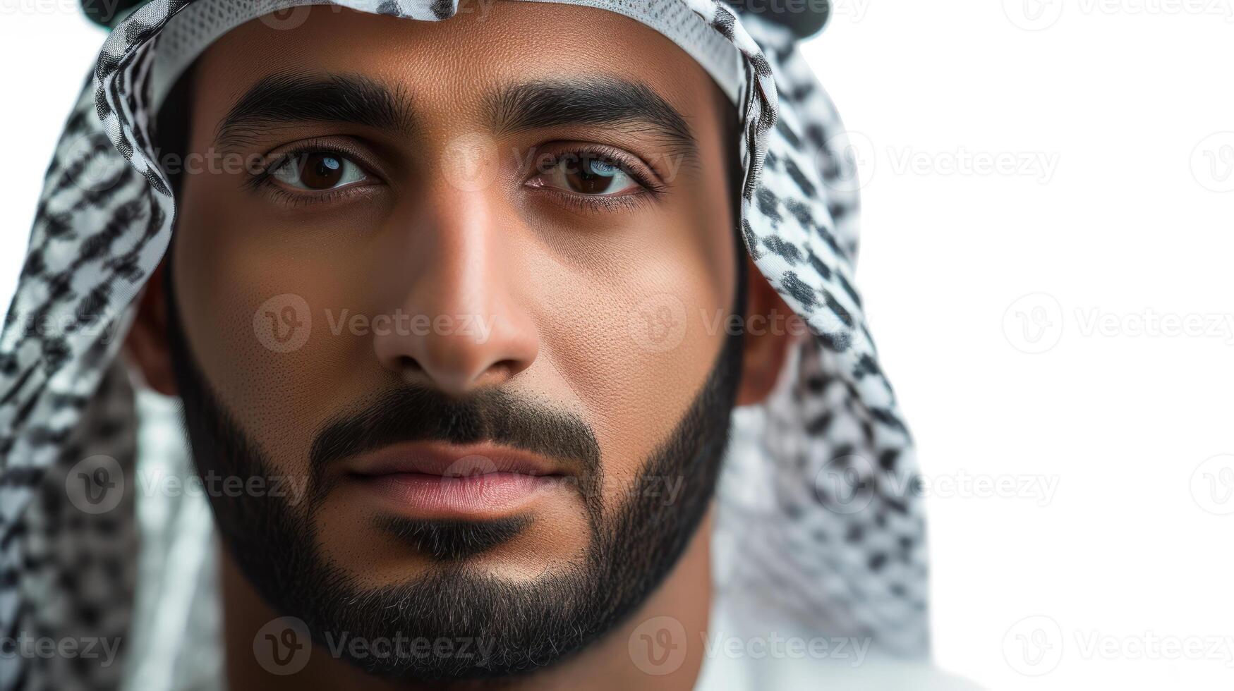 ai gegenereerd dichtbij omhoog portret van Arabisch Mens slijtage emerati kandora traditioneel foto