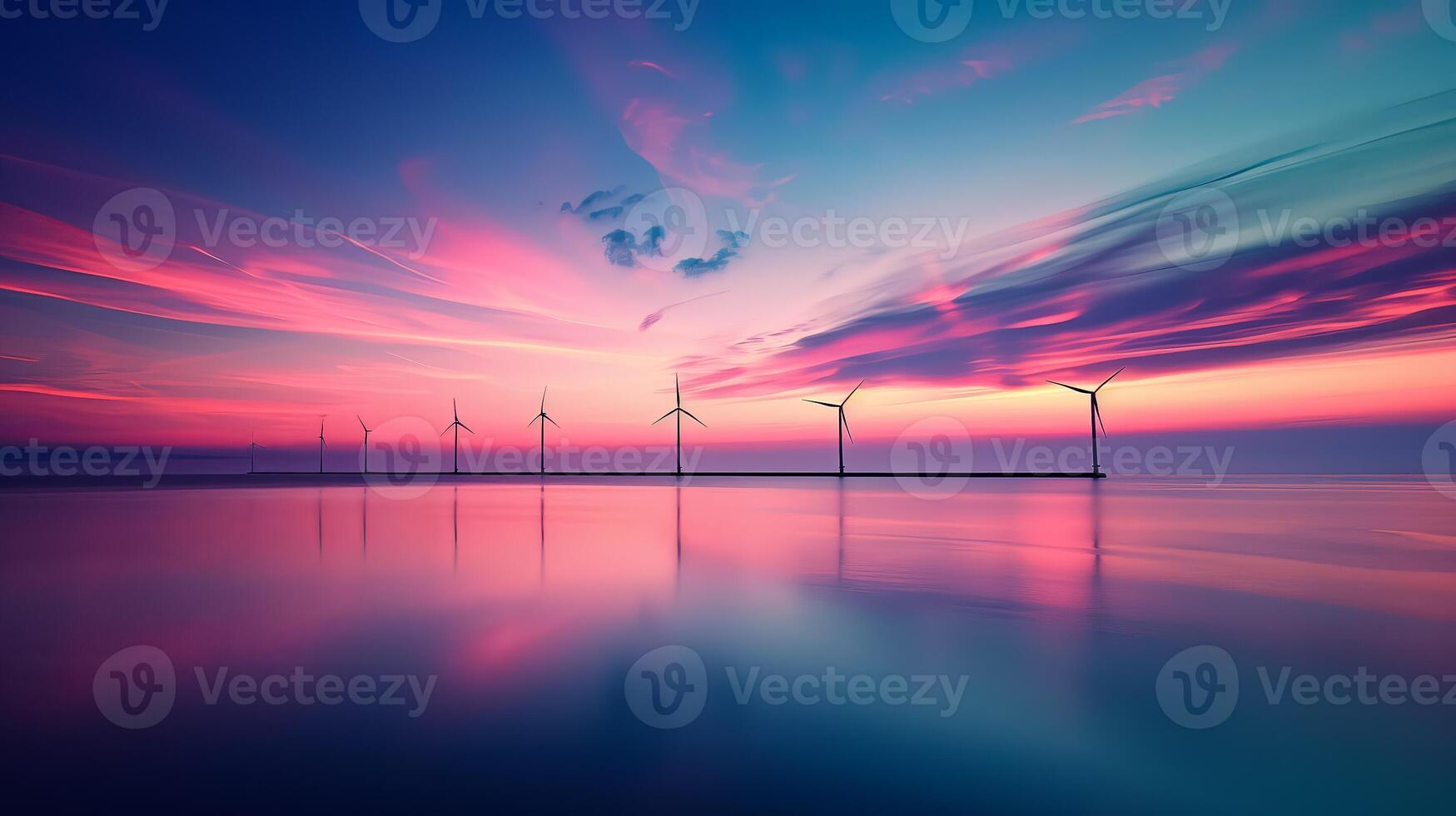 ai gegenereerd sereen offshore wind boerderij silhouet tegen een levendig zonsondergang lucht met dramatisch wolken, reflecterend Aan kalmte water, markeren hernieuwbaar energie concepten foto