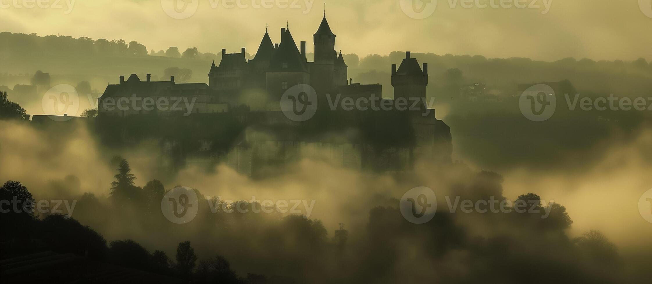 ai gegenereerd silhouet van een oude kasteel gehuld in mist gedurende zonsopkomst, overbrengen een mysterieus middeleeuws atmosfeer in een pastorale landschap foto