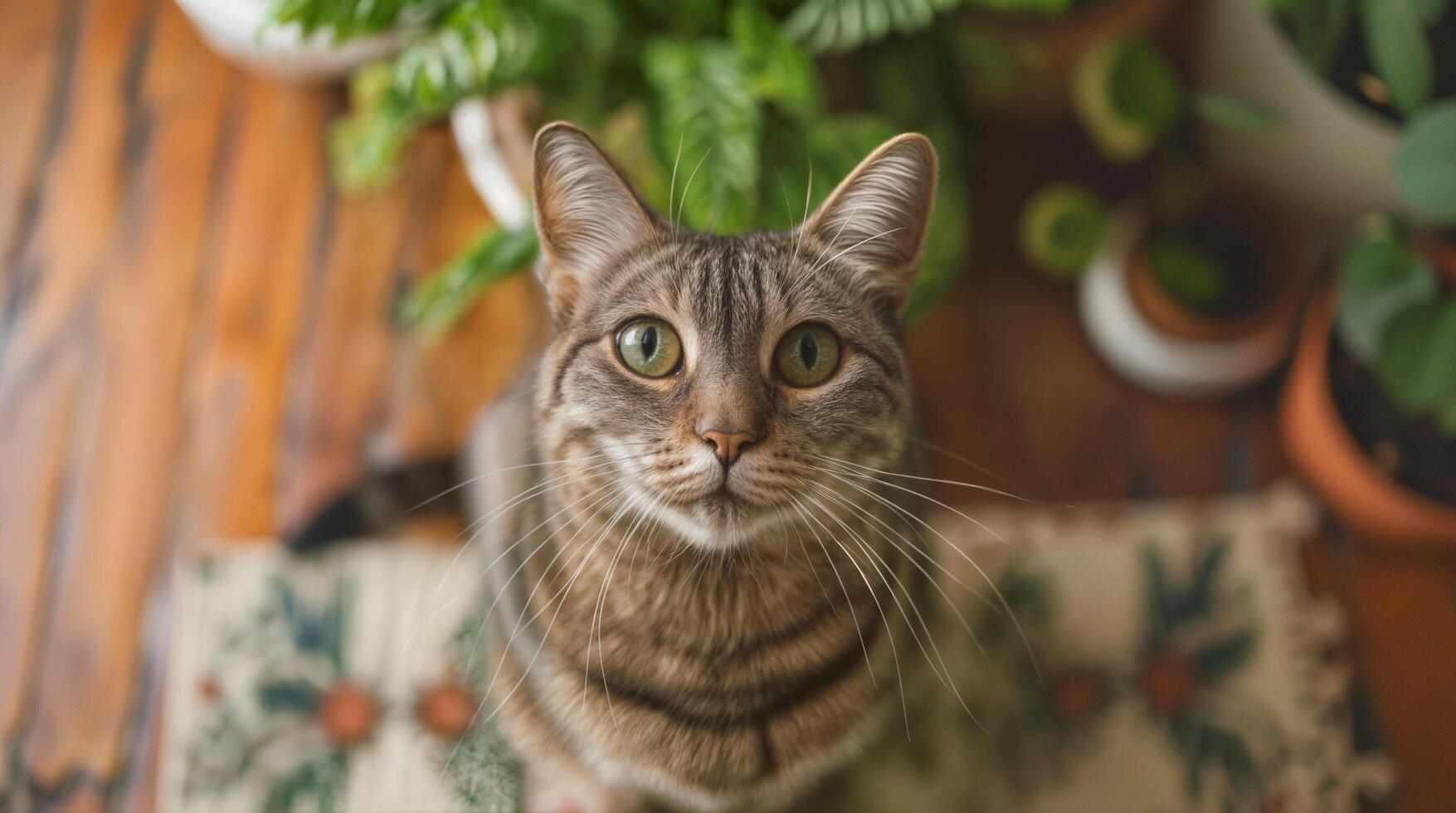 ai gegenereerd antenne visie van een kat op zoek omhoog in de leven kamer foto