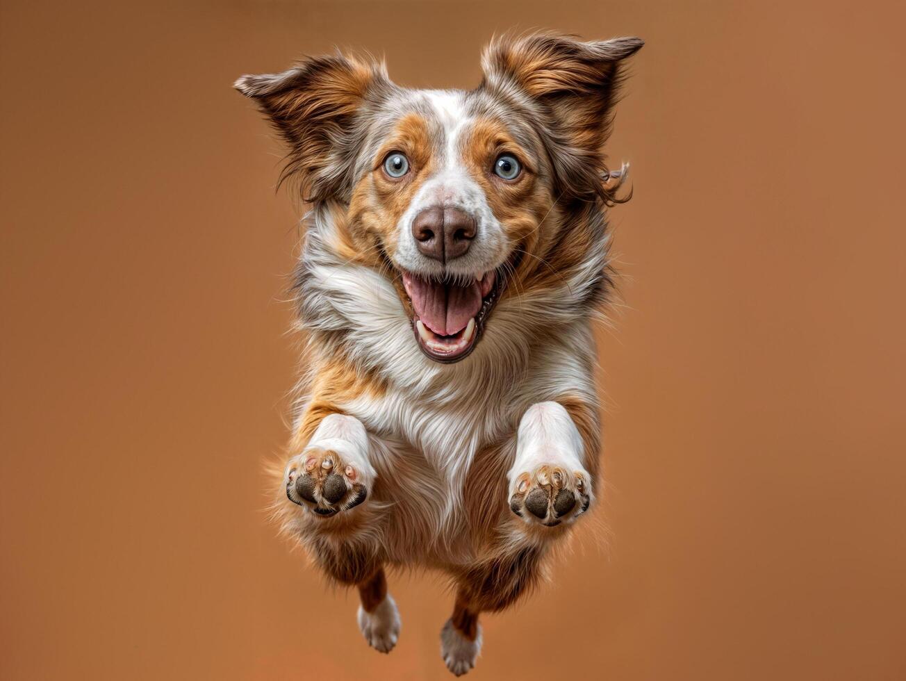 ai gegenereerd hond Aan een bruin achtergrond jumping in midden lucht gelukkig foto