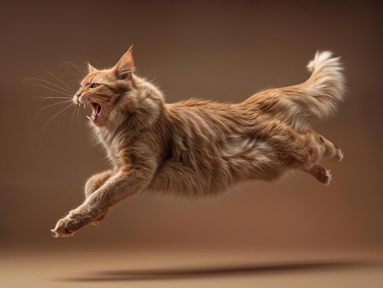 ai gegenereerd gember kat Aan een bruin achtergrond jumping in een dynamisch houding foto